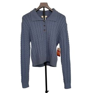 Heart & Moon Cable Knit Collared Sweater Blue Size L New